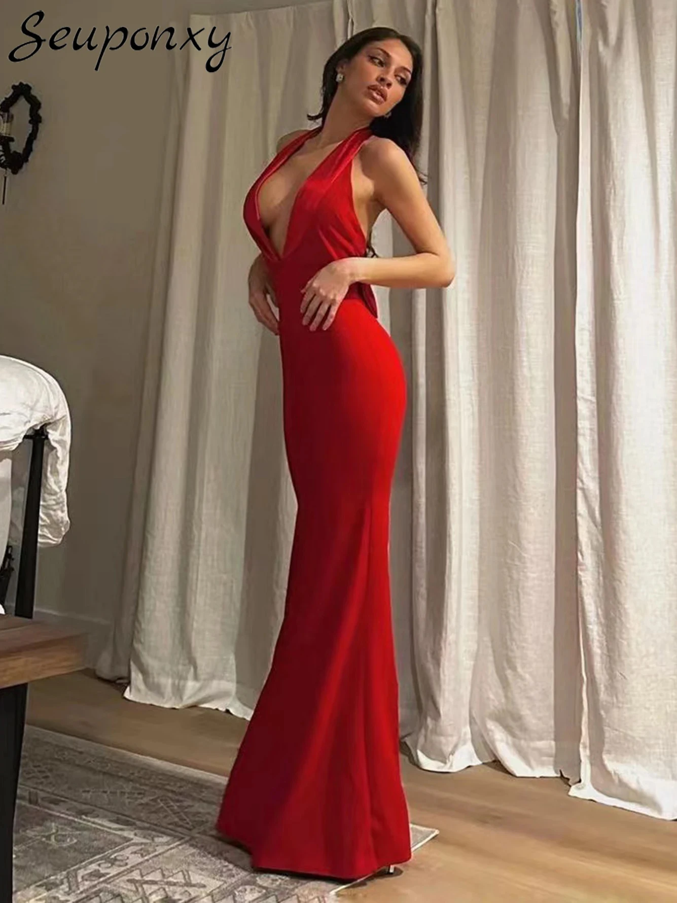 

High Quality Women's Red Maxi Dress 2024 Summer Sexy Sleeveless Hanging Neck Open Back Bow Celebrity Party Dress Vestidos