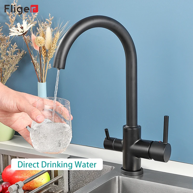 Fliger Filter Kitchen Faucet Brass Kithcen Purified Faucet Black Filtered Crane For Kitchen Three Ways Sink Mixer Kitchen Faucet