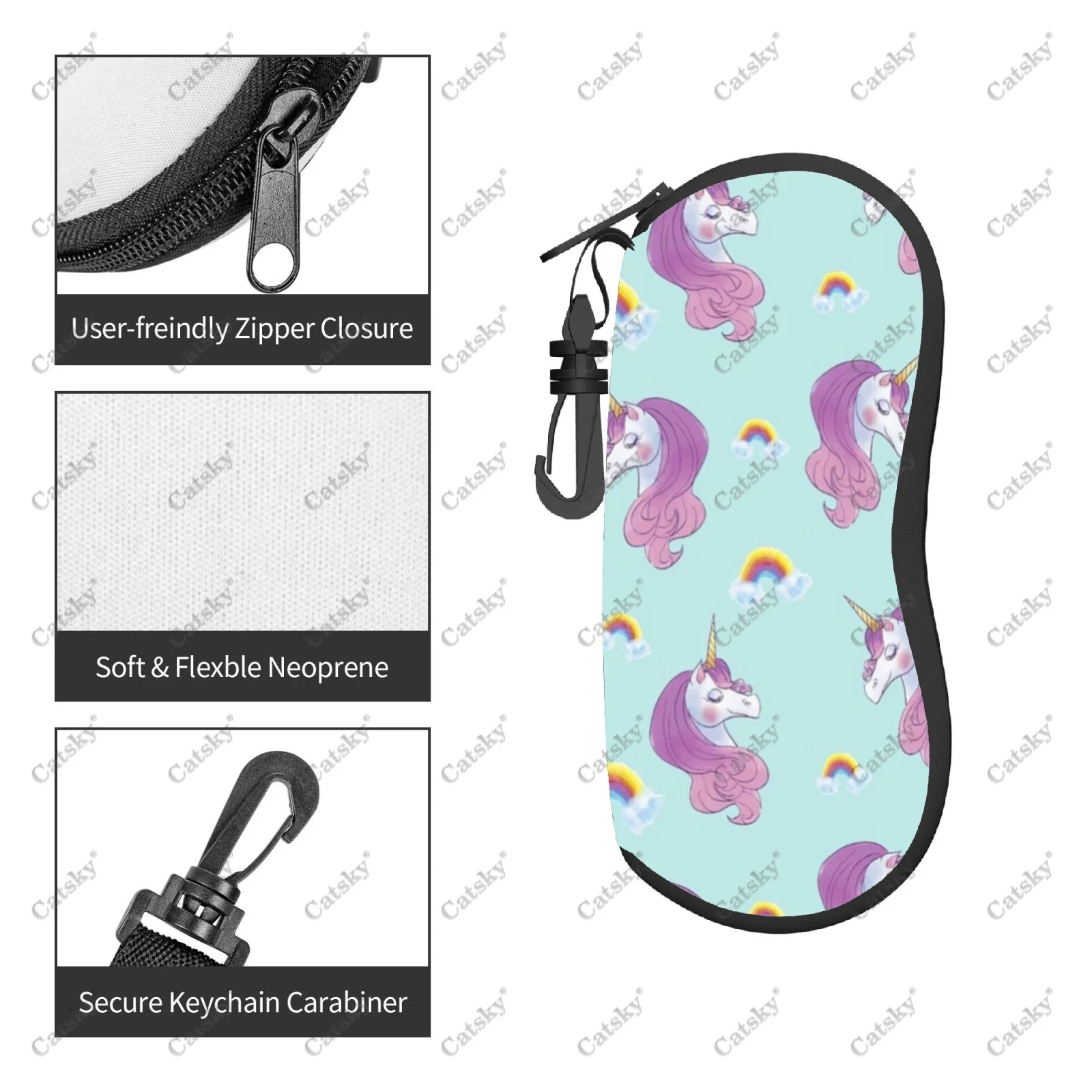 Unicorn Cartoon Glasses Case para homens e mulheres, Impresso Travel Zipper Sunglasses Bag, Óculos de armazenamento padrão clássico