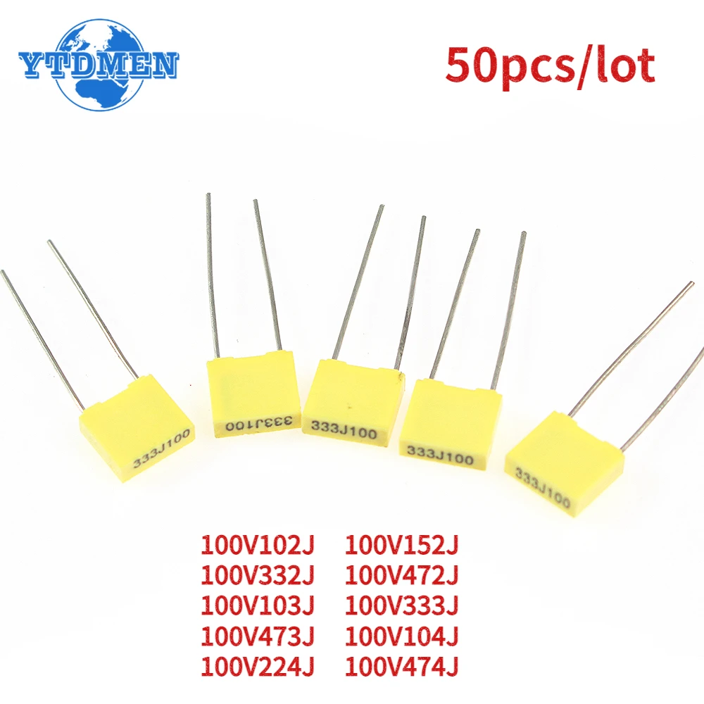 

50pcs/lot Correction Capacitor 100V Polypropylene Safety Plastic Film Correction Capacitors Set Pack 1nF~0.47uF 102J 332J 103J