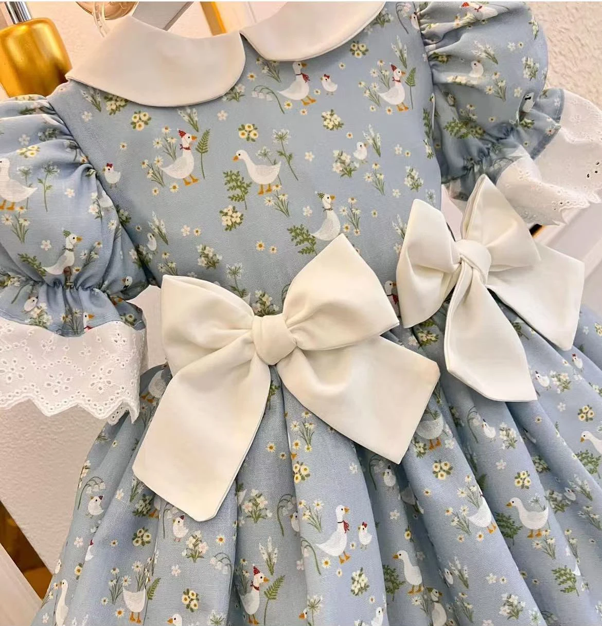 0-12Y Baby Girl Summer Duck Floral Vintage Princess Blue Dress for Birthday Photography Holiday Eid Casual B405