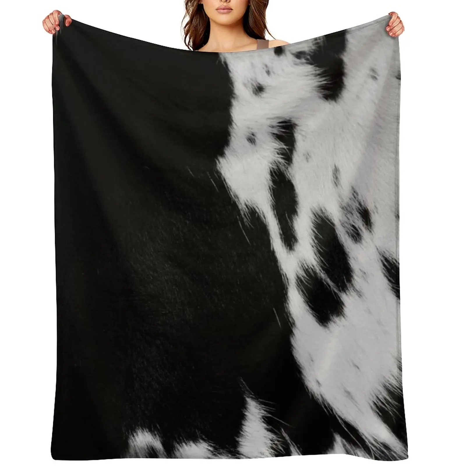 

Cowhide fur in black and white Throw Blanket Nap bed plaid funny gift Furry Blankets