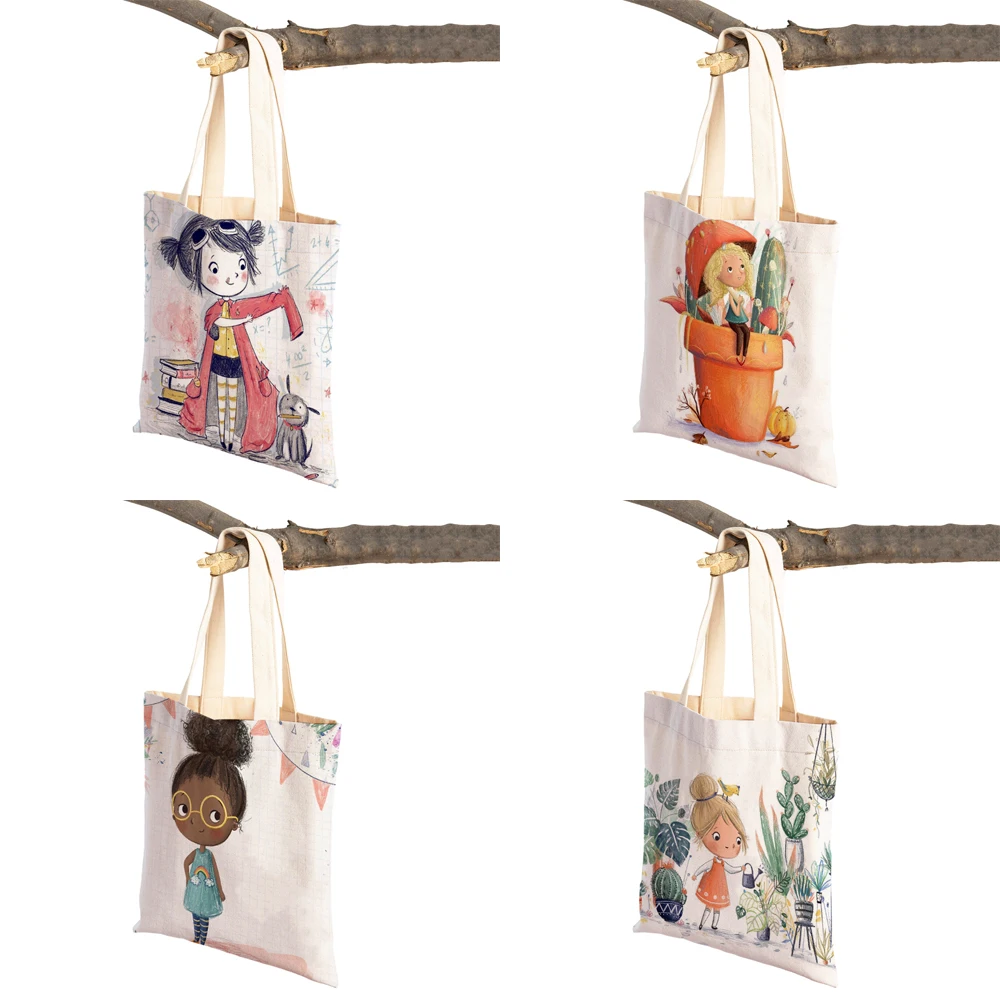 Cute Cartoon Girl Double Printed Reusable Canvas Student Tote Handbag Fairy Tale World Lovely Child Gift Casual Shopping Bag