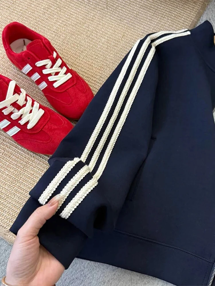 Amerykańska bluza z haftem w węzły, sportowa, długa, ze stójką, odzież wierzchnia damska, premium.