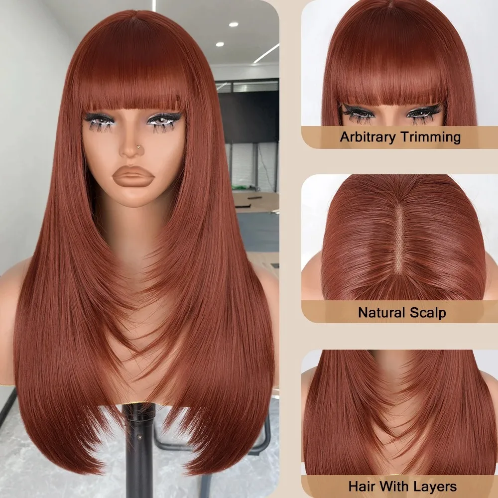 Reddish Brown Layered Cut Straight Lace Front Wig With Bangs 13X4 HD Lace Frontal Wig Synthetic Tiny Knots Pre Plucked Cosplay