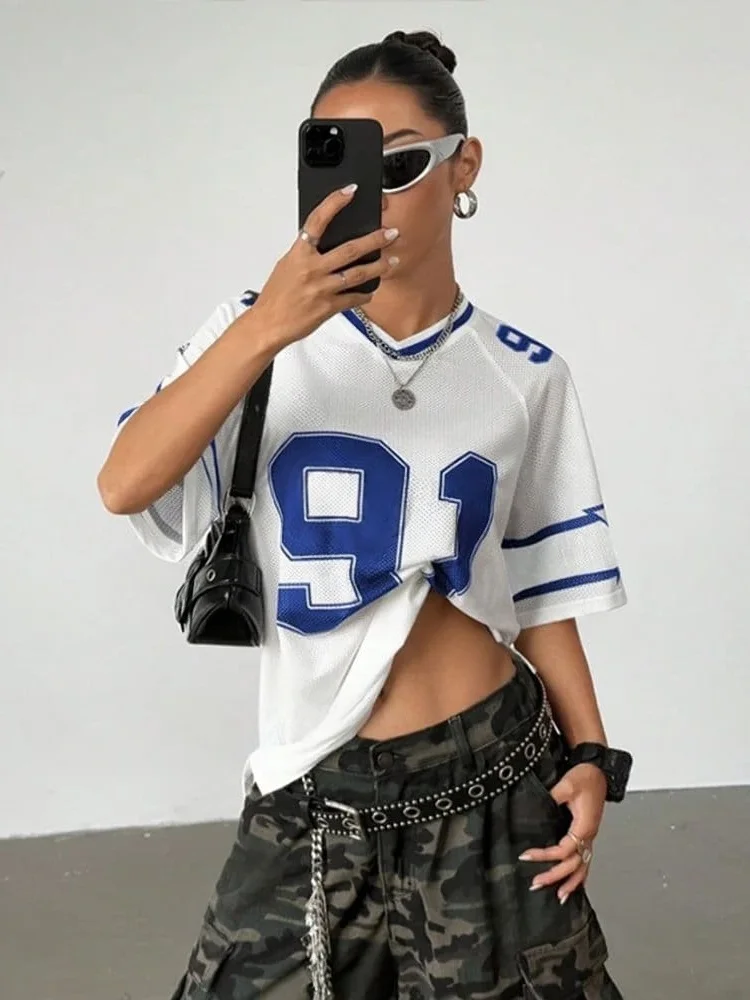 Summer Black Speed 91 Print T-Shirt for Women V-Neck Patchwork Short Sleeve Sports Football Jersey Y2K Loose Oversized Tops Kids
