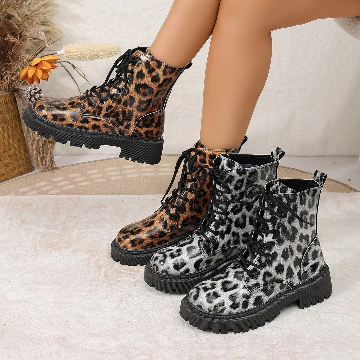 Botines de Moda con Estampado de Leopardo para Mujer, Plataforma Antideslizante con Cordones y Cierre Lateral, Zapatos de Tacón Ancho Vintage para Otoño e Invierno