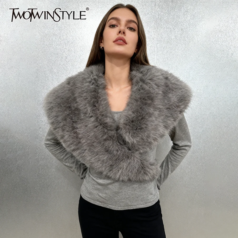 

TWOTWINSTYLE Solid Slimming Fashion T Shirts for Women V Neck Long Sleeves Patchwork Fur Temperament T Shirt Female Autumn New