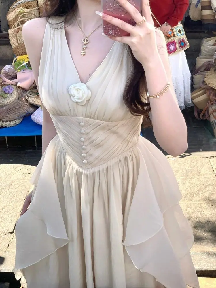 

Dresses for Women Summer New High-end Advanced Designed Niche Elegant Style Temperature Slim Waist-closed Ruffled V-neck Dress