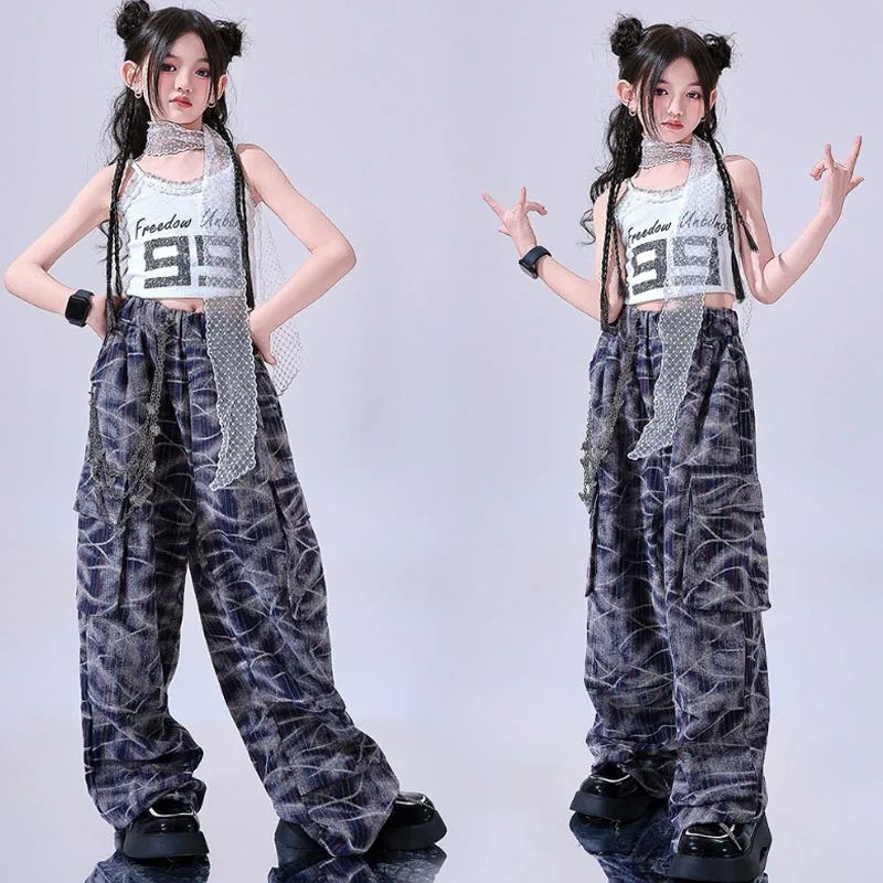 Meninas k-pop colheita topo impressão joggers calças menina grupo conjuntos de roupas crianças jazz trajes de dança de rua crianças hip hop streetwear