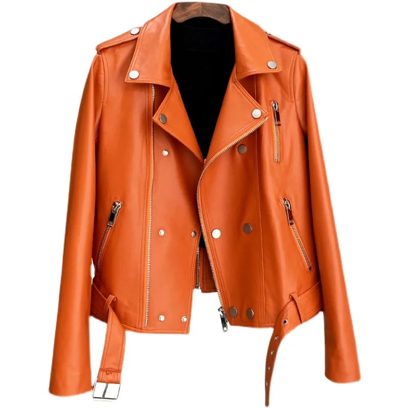 2025, Herbst Neue Echtes Leder Jacke Für Frauen Modische Vielseitige Kurze Biker Slim Fit Schaffell Motor Mantel,