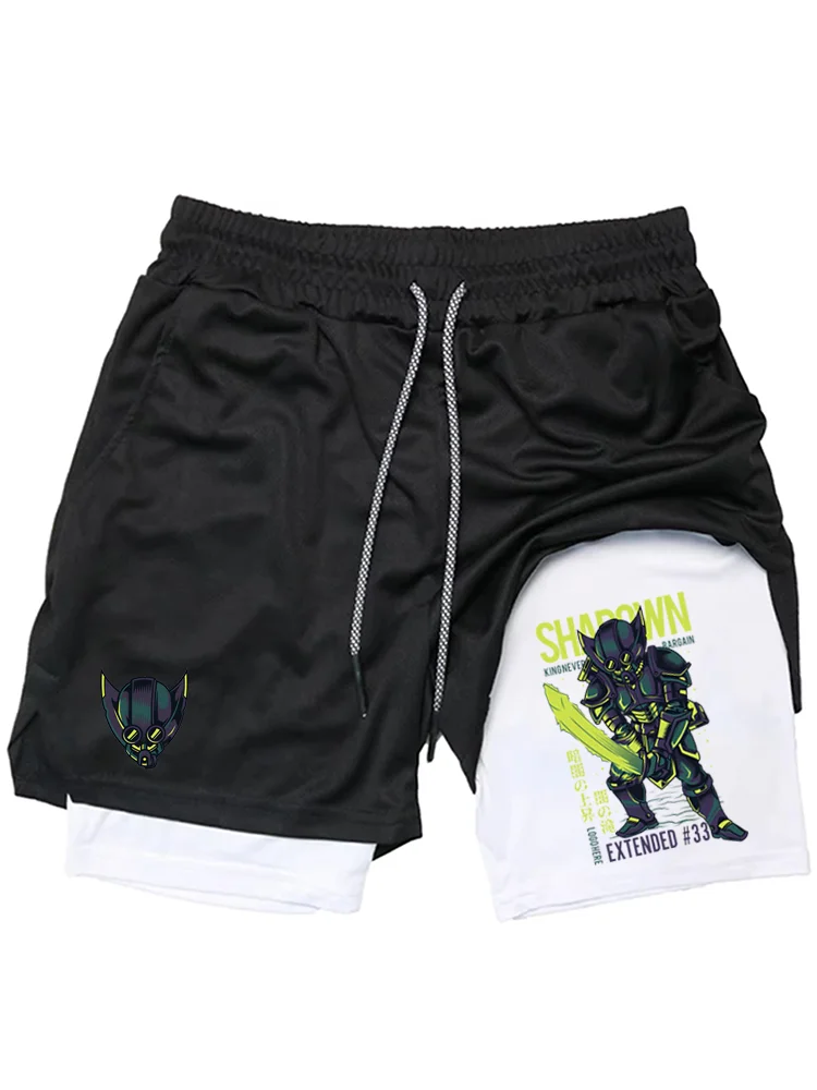 

Мужские шорты 2-в-1 с аниме-принтом самурая, быстросохнущие, дышащие, для занятий спортом, бега, тренировок, повседневные спортивные шорты WX011