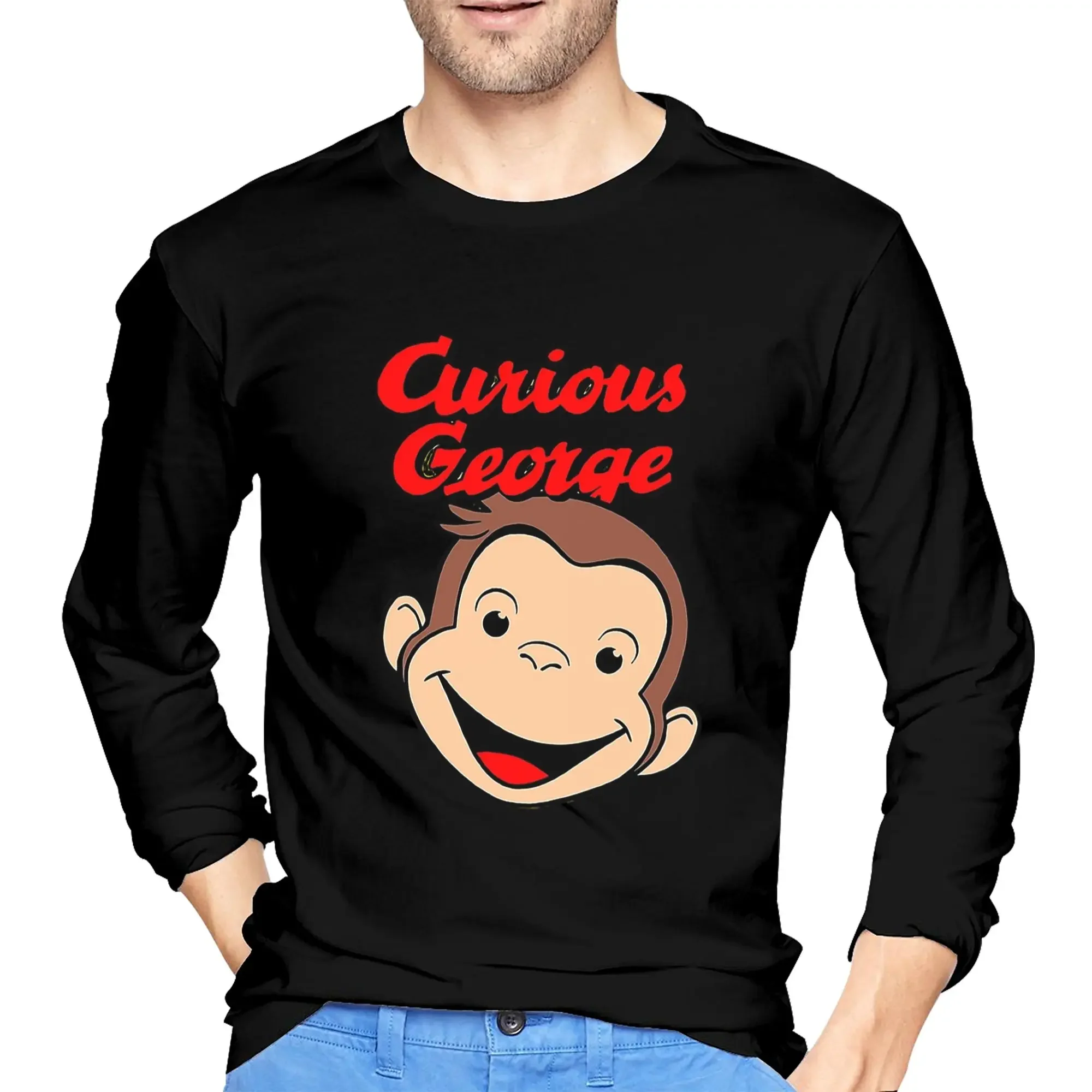

Curious George Men's Long Sleeved T-shirt Casual Round Neck T shirts Spring and Autumn Men tops