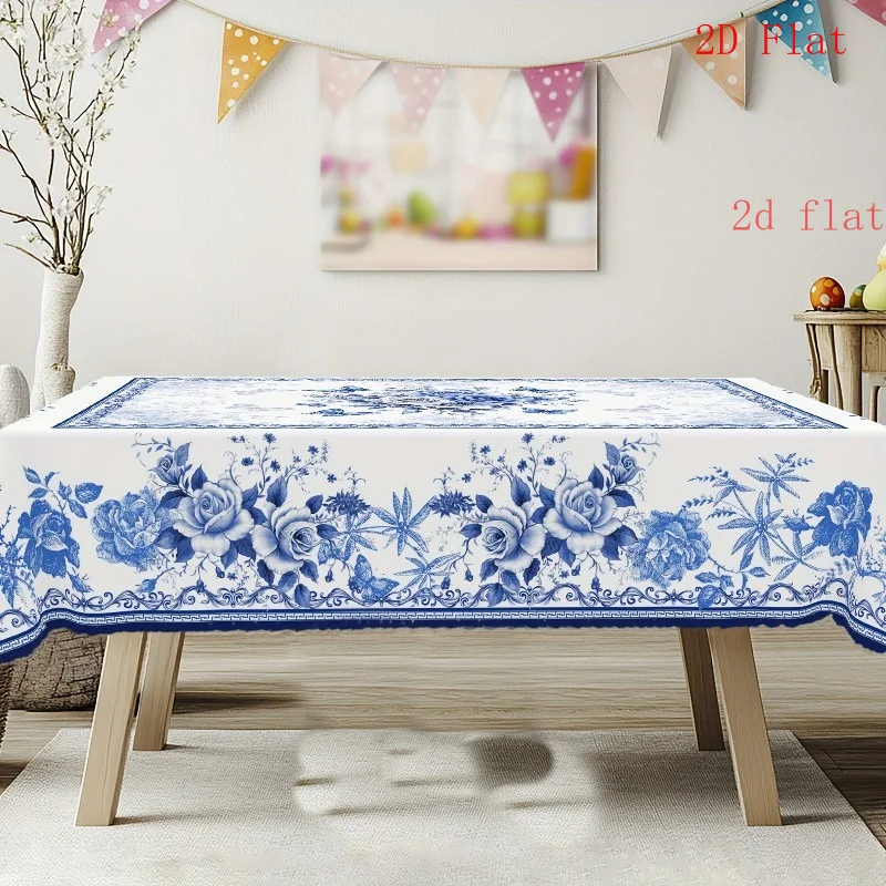 1pc Blue And White Porcelain Rose Butterfly Tablecloth Waterproof Rectangular Table Cover Vintage Floral Dining Decor
