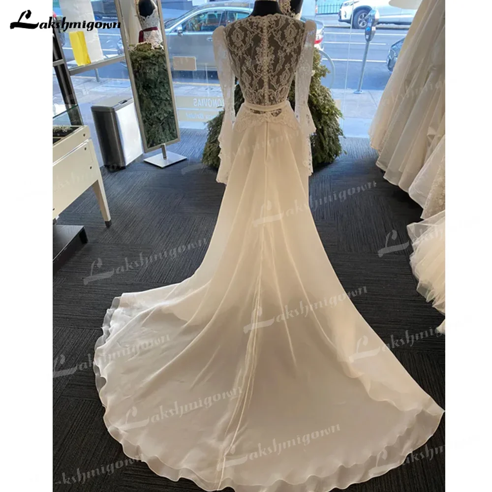 Lace Long Sleeve Wedding Dress Chiffon Bridal Beach Bride Gown For Women Sweep Train A-line Wedding Gown vestido noviaCustomized