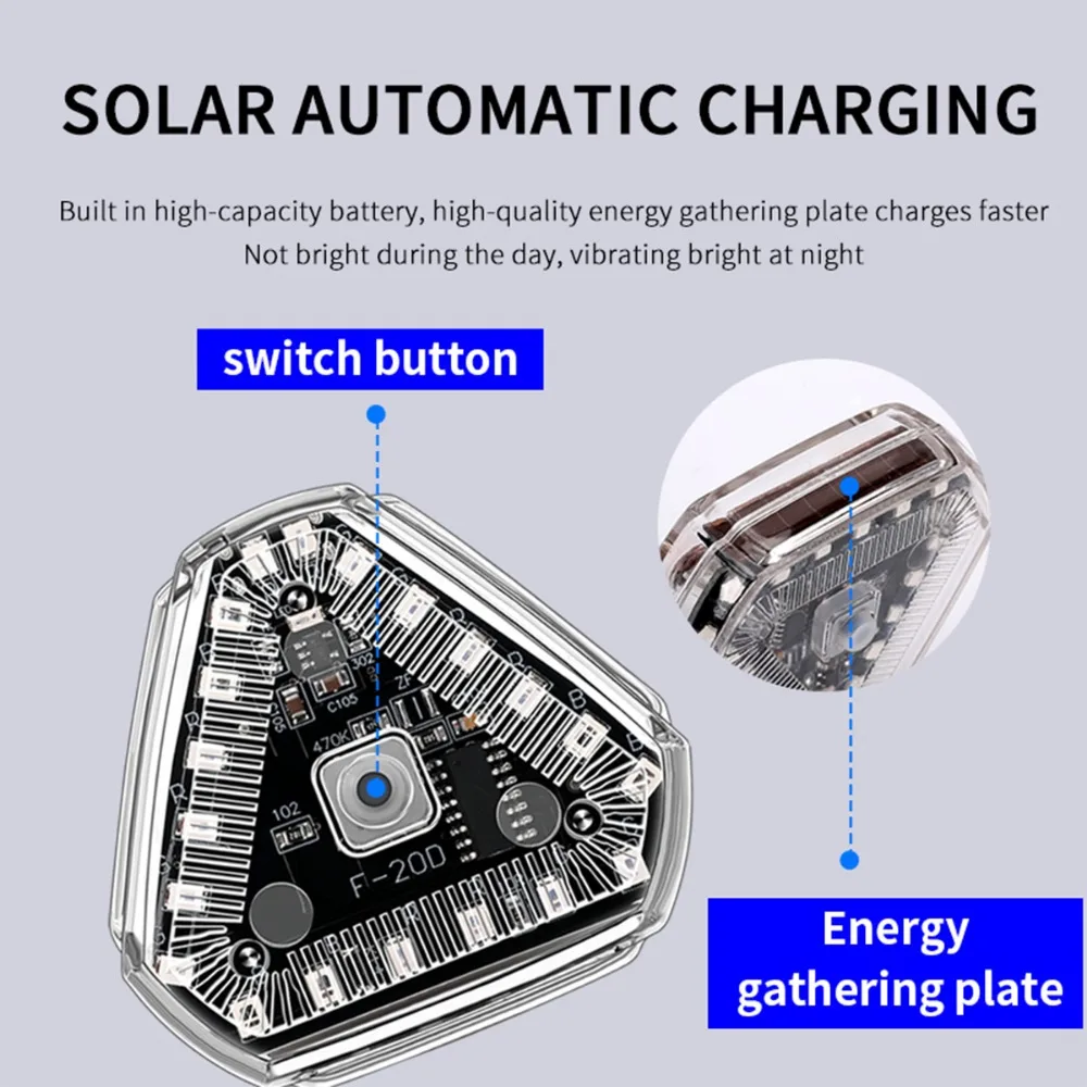 Triangles Colorful LED Solar Strobe Warning Light Motorcycle Motorbike Car Night Rear Collision Avoid Flashing Signal Tail Lamp