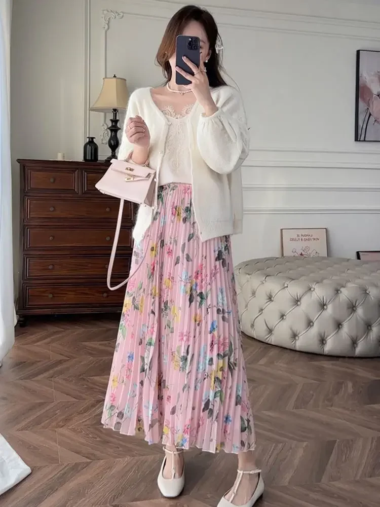 Women Pink Fragmented Floral Pleated Skirt Spring Summer 2024 New Style Printed High Waisted Slimming Large Hem Skirt