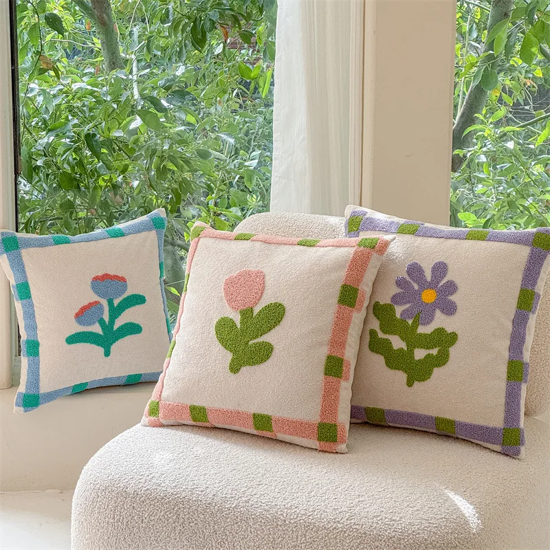 Cute Cartoon Flower Embroidered Pillow Covers 45*45cm Square Luxury  Cushion Cover Home Decor for Sofa Bed Living Room Bedroom