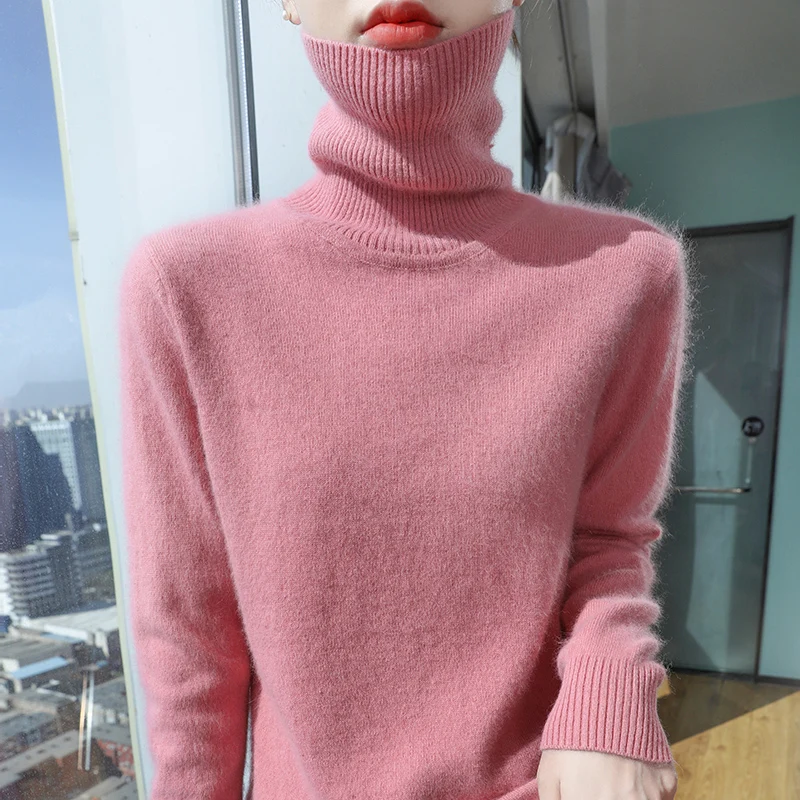 100% mink cashmere sweater Autumn winter new women\'s turtleneck pullover fashion solid color knitted warm base shirt top