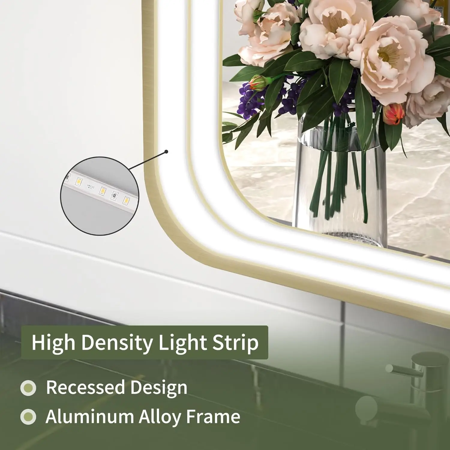 60"" X 36"" Led Bathroom Mirror With Lights, Rounded Rectangle Gold Frame Embedded Light Strip Design Vanity Mirror, 3 Colors &