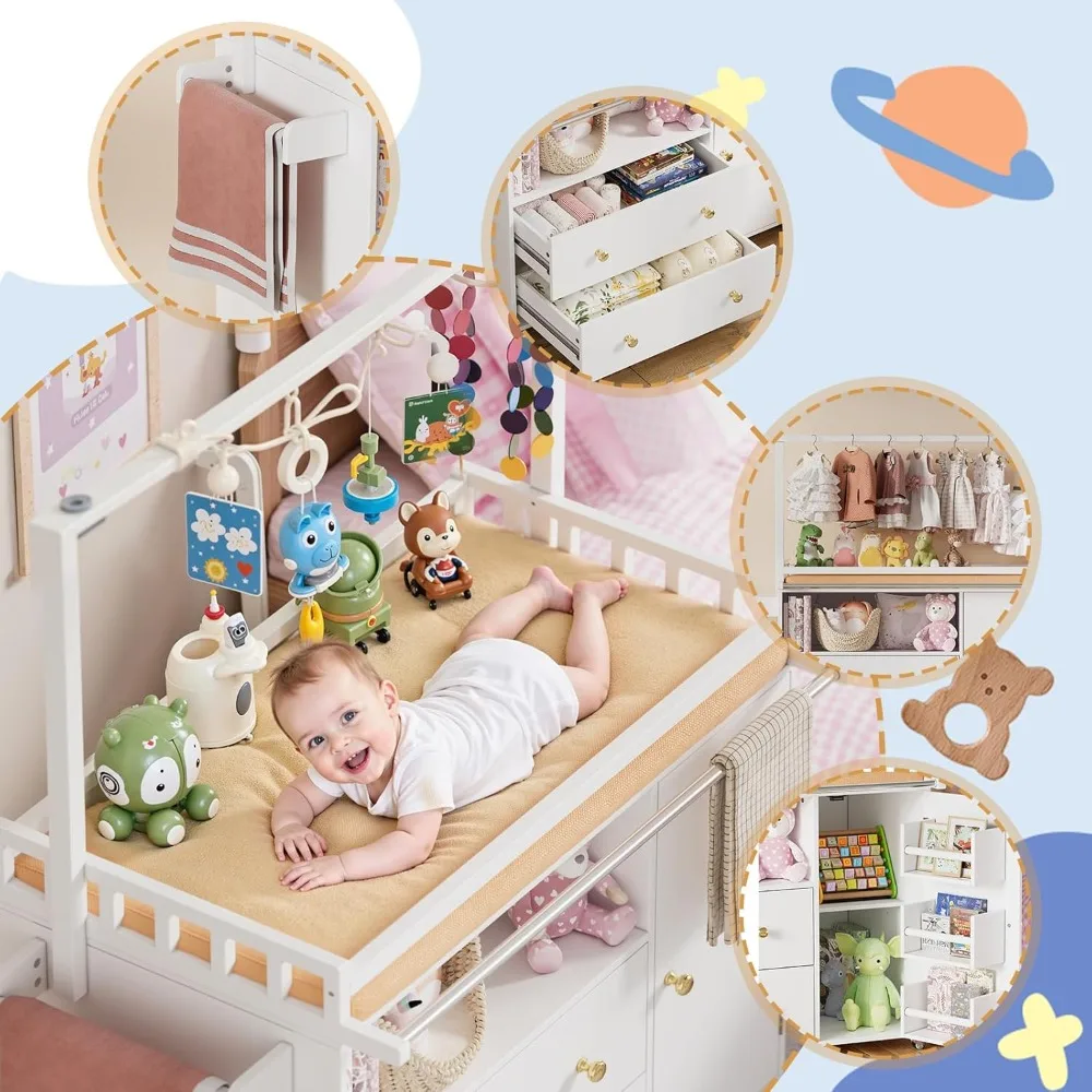 ベビーチェンジングテーブル（車輪、引き出し、洋服掛け付き）- 保育園用モバイルおむつ交換台