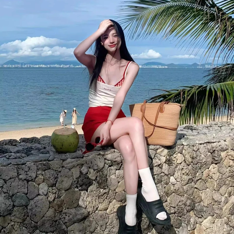 Korean Sexy Siwmsuit Women Summer Y2K Plaid High Waist Push-up Bikini Set with Beach Cover Ups Shorts Bathing Suit New Swinwear