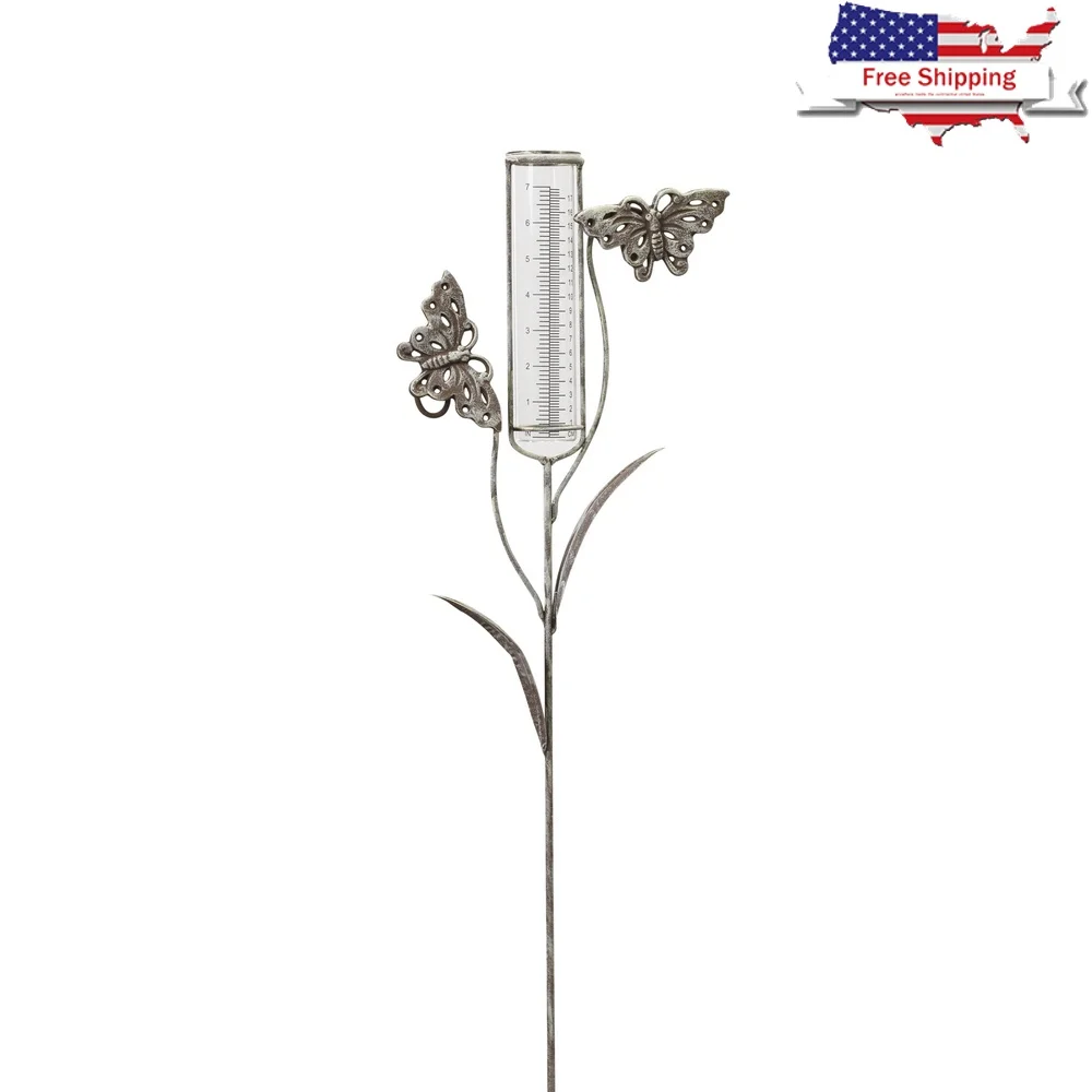 

36.5 Inch Metal Butterfly Garden Stake with Rain Gauge Decorative Yard Accent Outdoor Use Flower Beds Patios Walkways