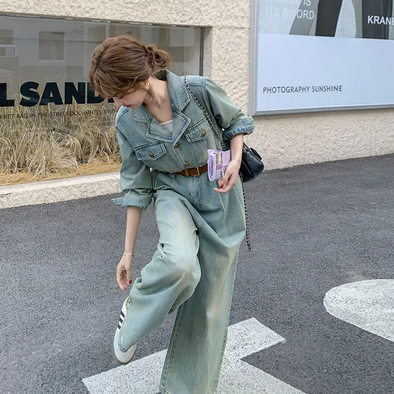 

Retro Denim Workwear One-Piece Pants High Waist Straight Leg Long Pants for Women Spring Autumn Ele And Suitable