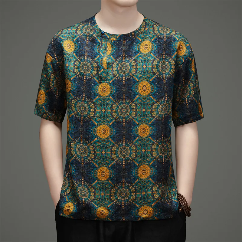 Skin-Friendly Natural Silk 100% T Shirt For Men Short Sleeve New Summer Quality Gambiered Canton Gauze Green Camisetas De Hombre