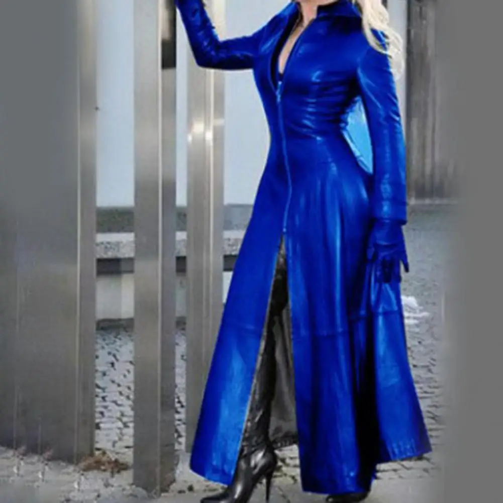 Autumn Jacket Smooth Surface Faux Leather Maxi Length Ankle Length Tight Waist Autumn Jacket Lady Autumn Coat for Shopping