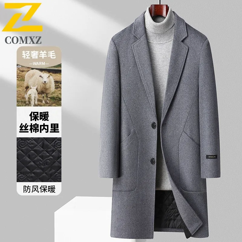 COMXZ Mens Business Wool Trench Coat Autumn Winter Cotton Warm Long Cashmere Wool waterproof windproof lightweight windbreaker