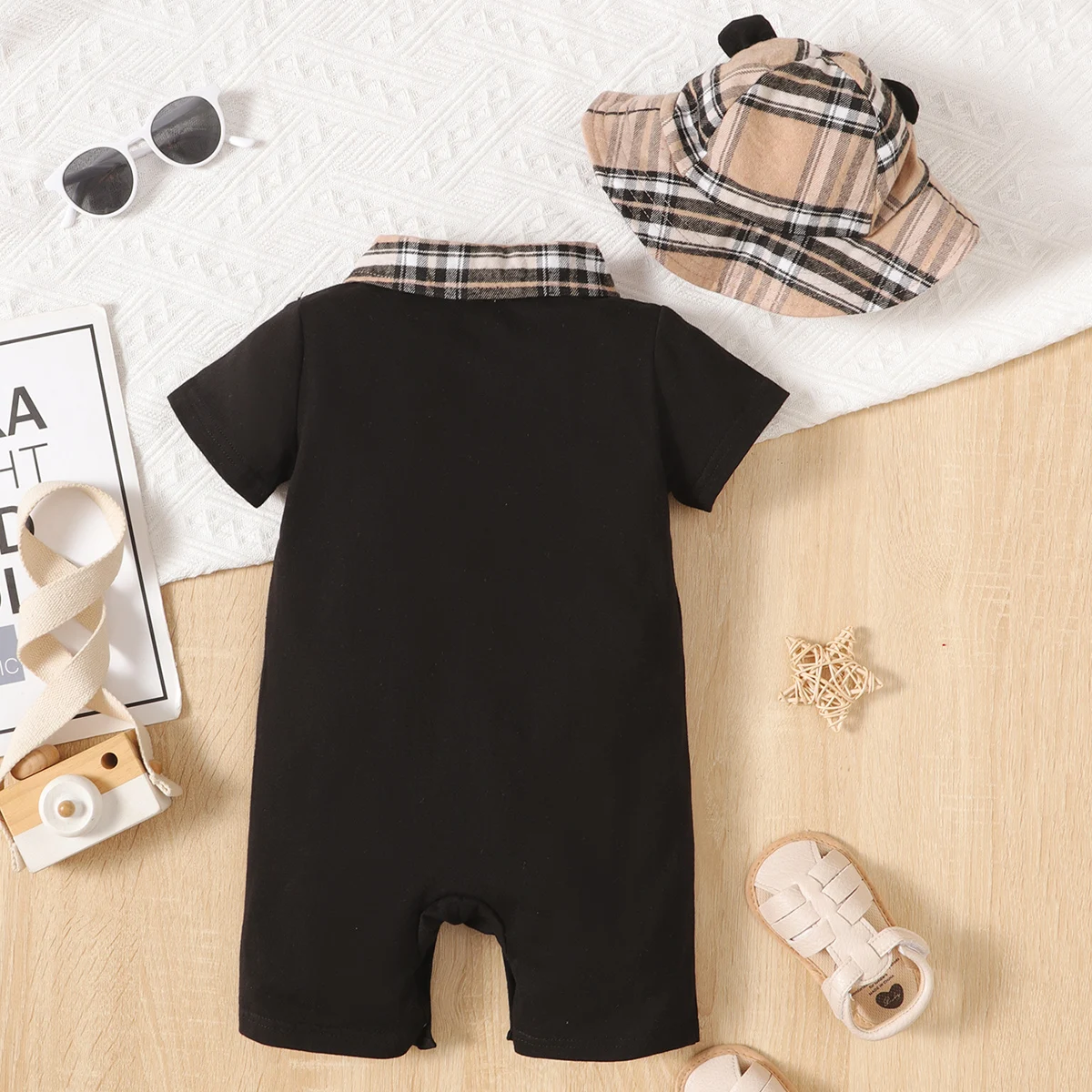 Stylish Summer Black Handsome Boy Baby Onesie Plaid Patchwork Pocket Polo Collar Shirt Teddy Bear Embroidered Fisherman Hat