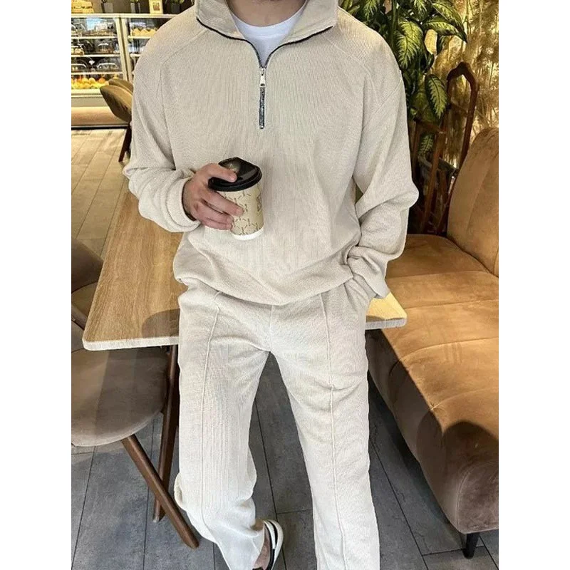 25 New stand-up collar semi-zipper sports corduroy set, a trendy European and American casual men's new light luxury 2-piece set