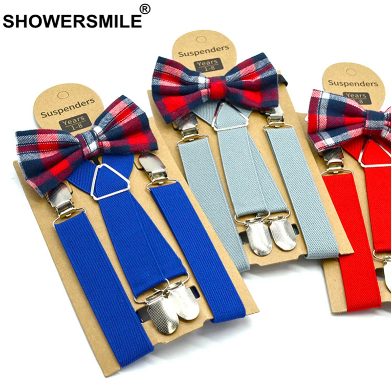 Showersmile azul crianças suspensórios com gravata borboleta de couro crianças cintas estilo britânico casamento vermelho cinza sólido meninos suspensórios 65cm