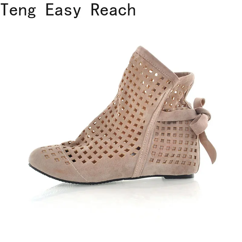 2023 New Women Summer Boots Flat Low Hidden Wedges Cutout Bow Boots Ladies Dress Casual Shoes Hot Sale Size 34-43 Botas Mujer 37