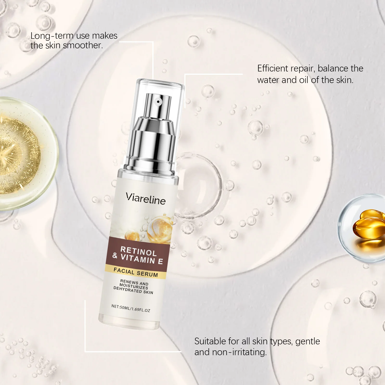 سيروم فيارلين ريتينول للوجه، ترطيب لطيف، إزالة البقع الداكنة، يتلاشى الخطوط الدقيقة، معزز يدوم طويلاً، مصل الوجه اليومي للبشرة