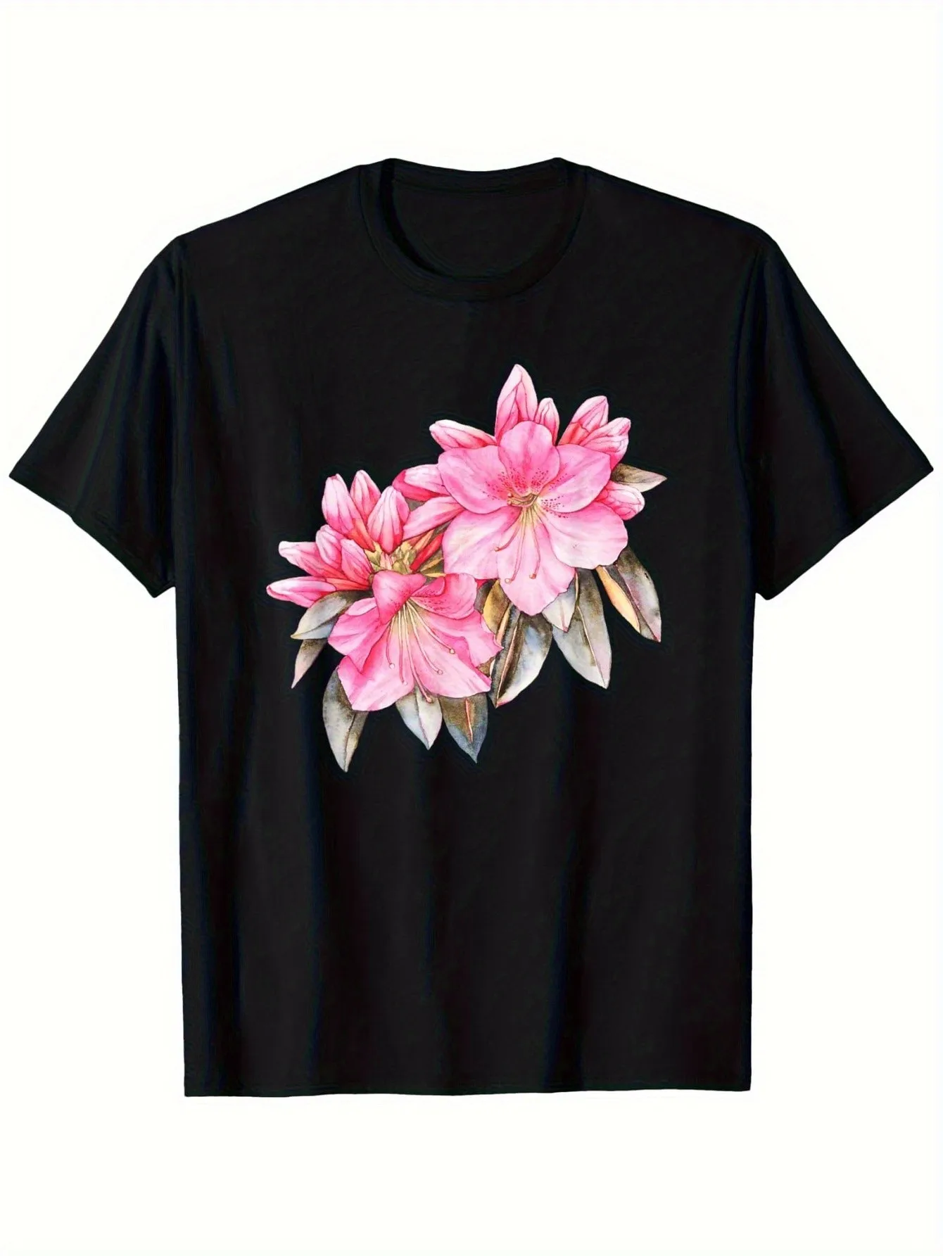 

Men's Floral Crew Neck T-Shirt with Pink Flower Design, Soft Everyday Short-Sleeve Shirt Suitable for Office, Parties and Everyday Wear, All-Season Top for Adult Men