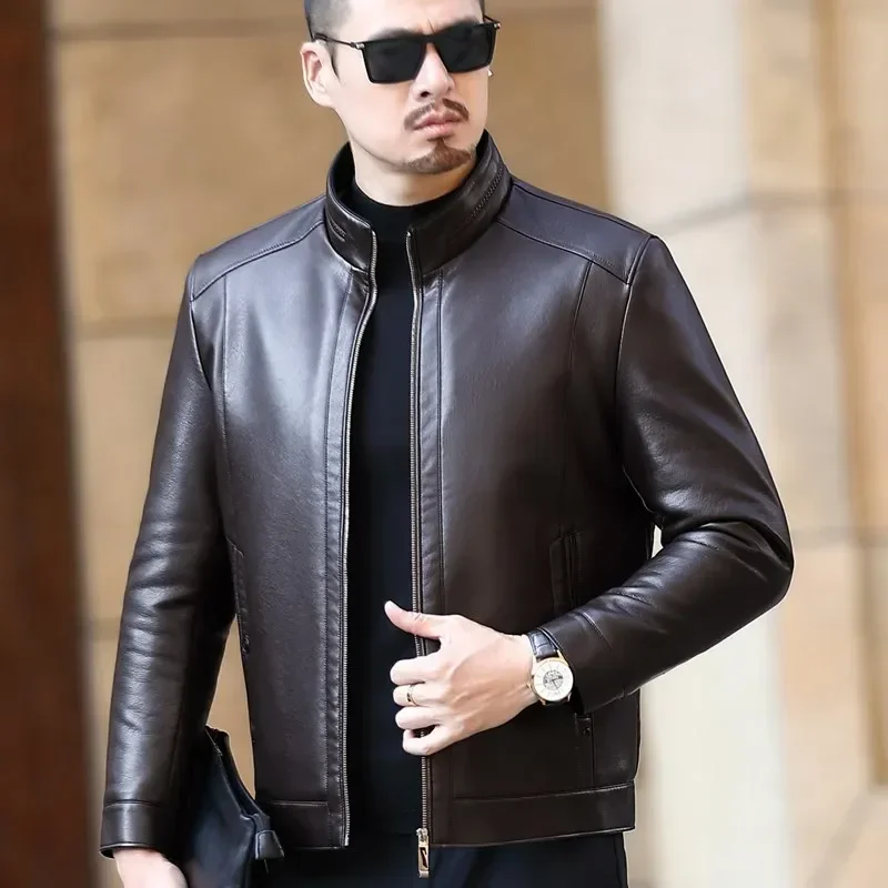 

Natural Leather Jacket Men's Stand-up Collar Business Casual Fur One-piece Men's Super Soft SE Plush Liner Warm Jacket