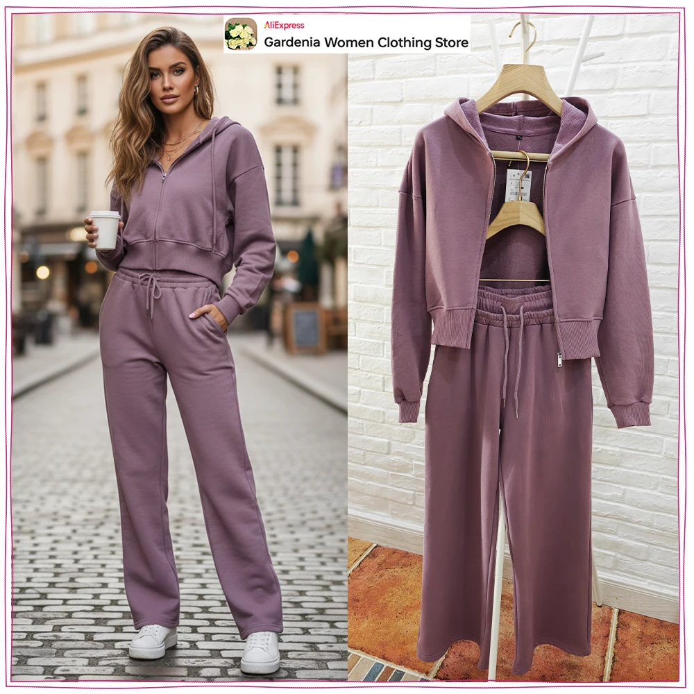 Spring & Autumn Matching Sets for Women Relaxtion Cotton Hoodies Set Cropped Zipper Hoodie + Tonal Straight Leg Drawstring Pants
