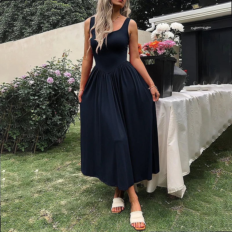 Elegant Square Neck Pleated Midi Dress for Women Summer Fashion A-Line Dresses