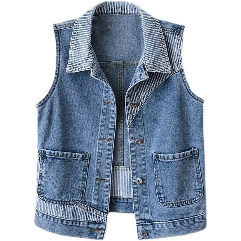 2024 Women\'s Summer New Original Design Fashion Commute Patchwork Pockets Button Striped Lapel Sleeveless Loose Denim Vest Coats