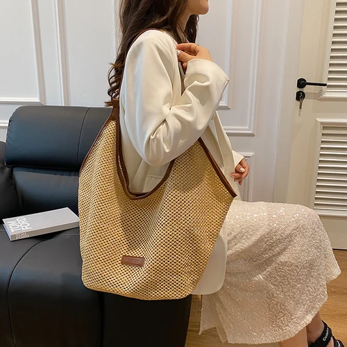 Imagen 1 del producto Juego de 2 bolsos de hombro de paja para mujer, bolso de viaje de verano 2025, bolso de diseñador para las axilas, bolso de playa de gran capacidad, bolso de marca