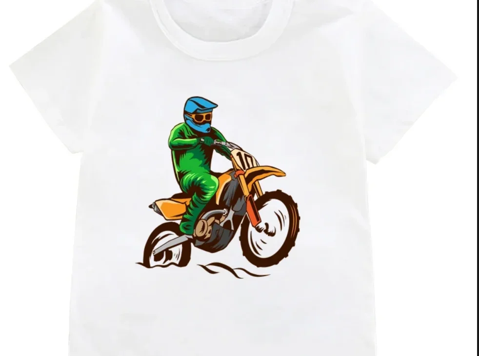 Funny Dirt Bike Motorcycle Print T-shirt Boys Cool White T Shirts Kids Harajuku Summer Short Sleeve Tshirt Tops