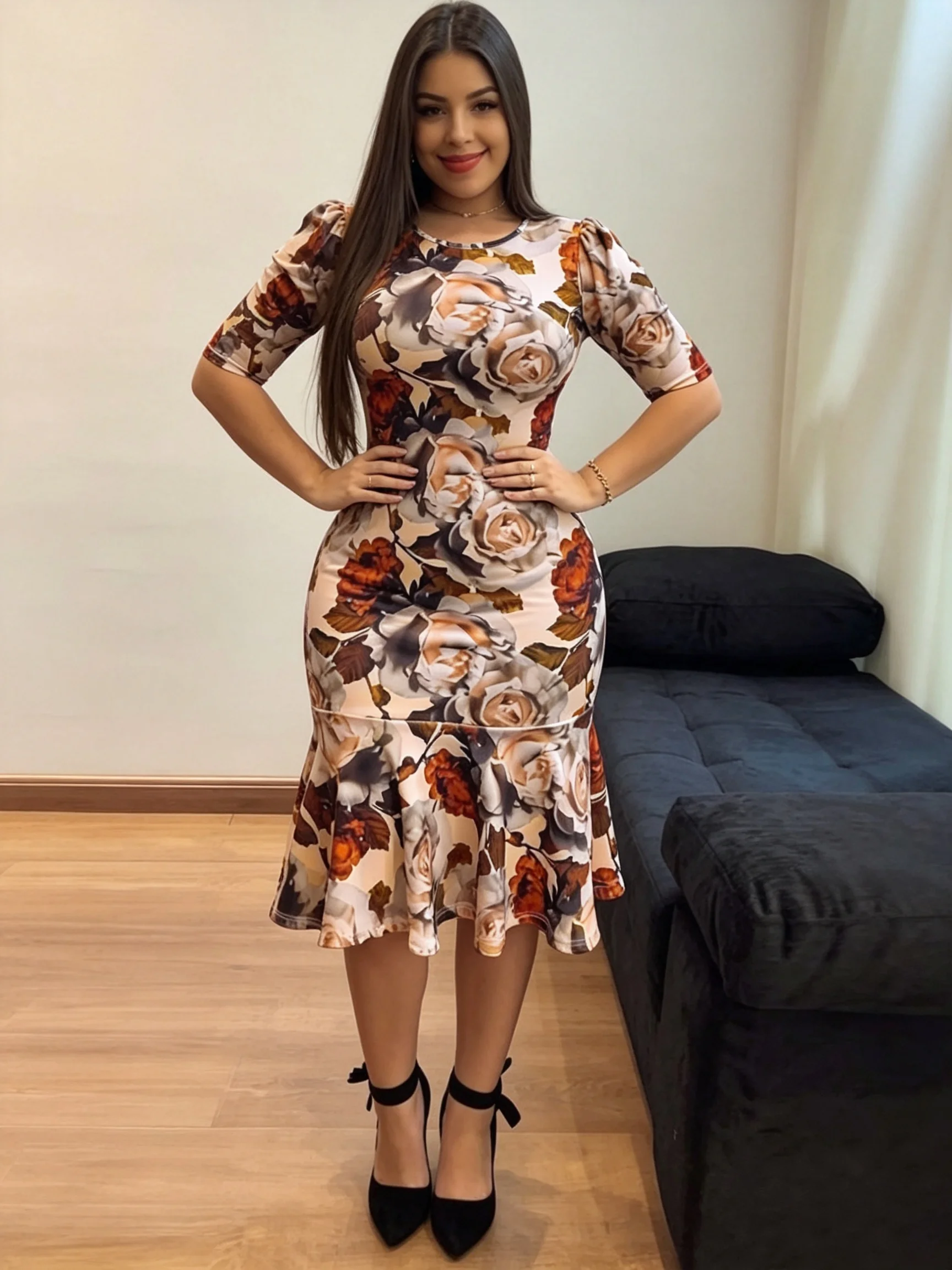 Women's Slim Fit round Neck Print Dress Hip Hugging Commuter Dress Slimming Temperament Fashion for Ladies