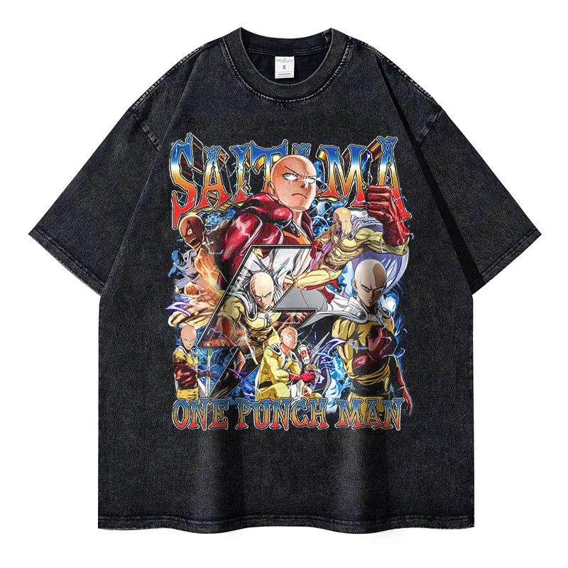 Genos T Shirt Vintage Washed Oversized Anime One Punch Man T-shirts Manga Short Sleeve Saitama Garou Tops Tees Man 100% Cotton