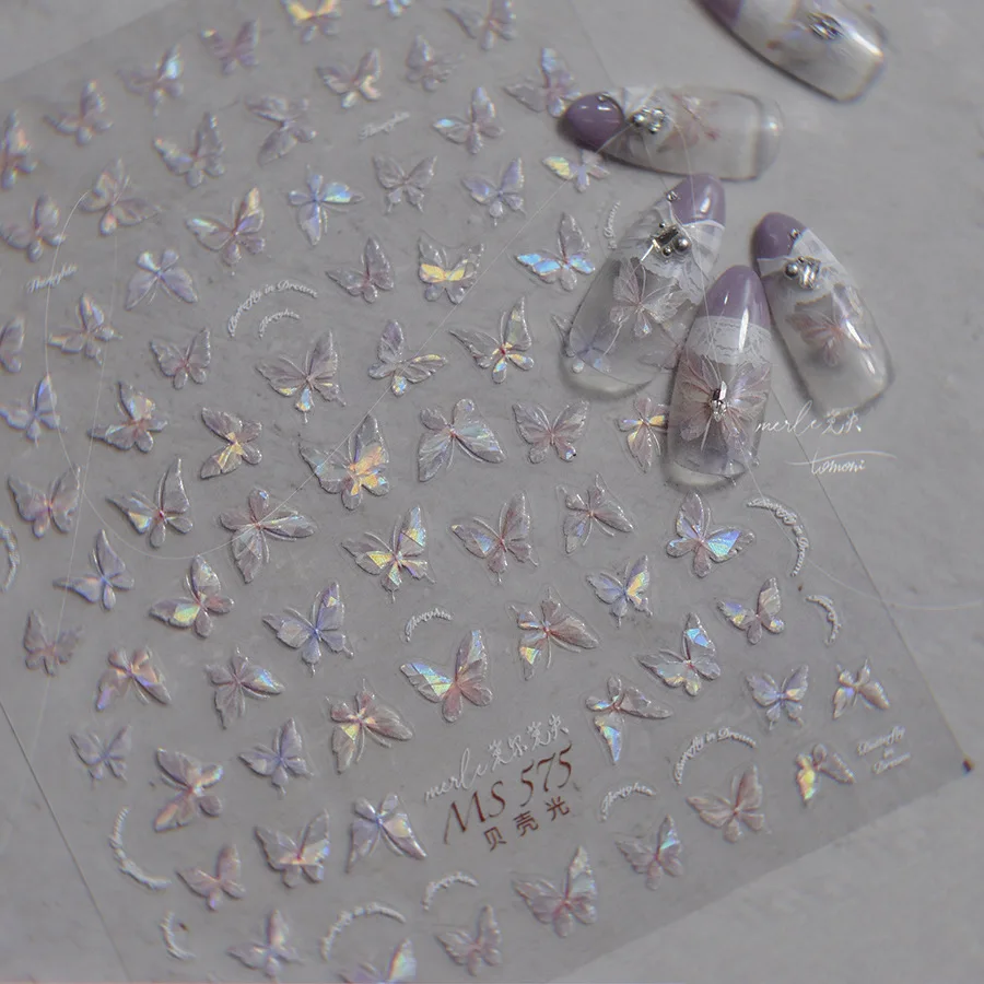 White Transparent Butterfly High Quality Shell Light Fragment Flash Nail Stickers Nail Art Decoration Decals Design MS-643