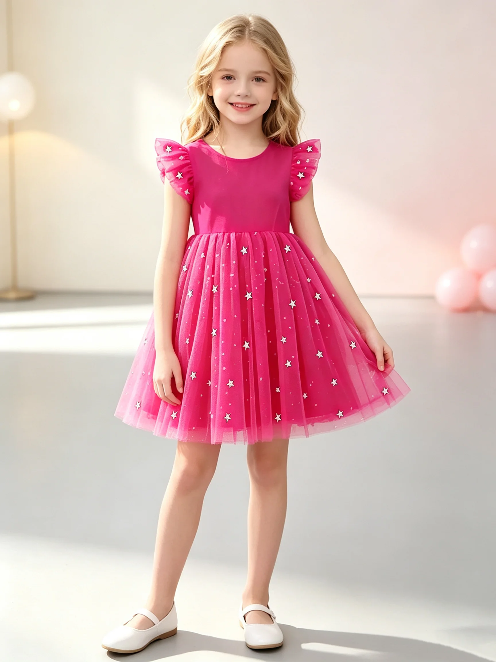 Summer Magenta Princess Dress with Stars And Moon Elegant Fashionable Popular Style Girls Sundress for Summer