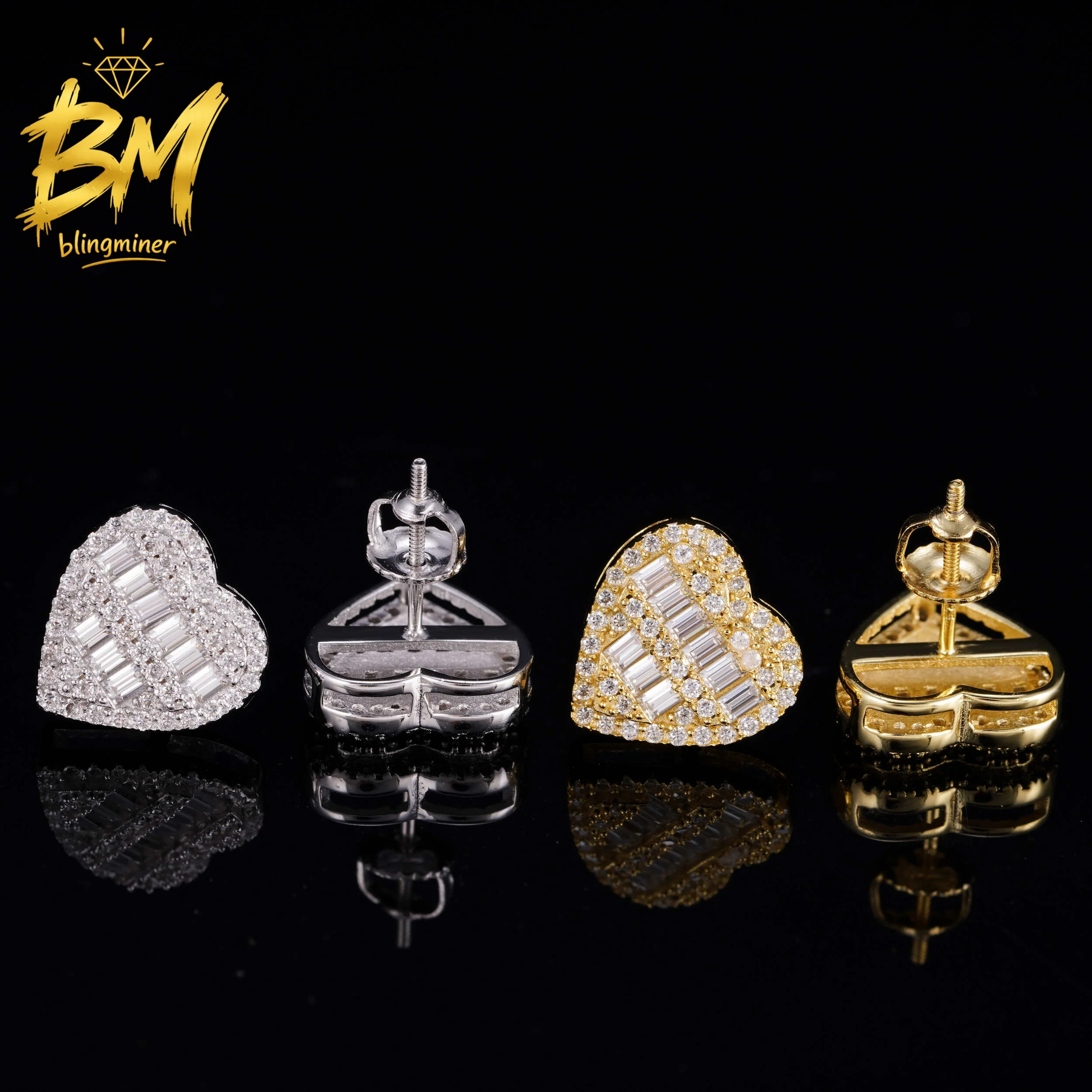 Blingminer 13MM Heart Baguette VVS Moissanite Earrings For Men Women S925 Silver Ear Studs Jewelry Pass Diamonds Tester GRA