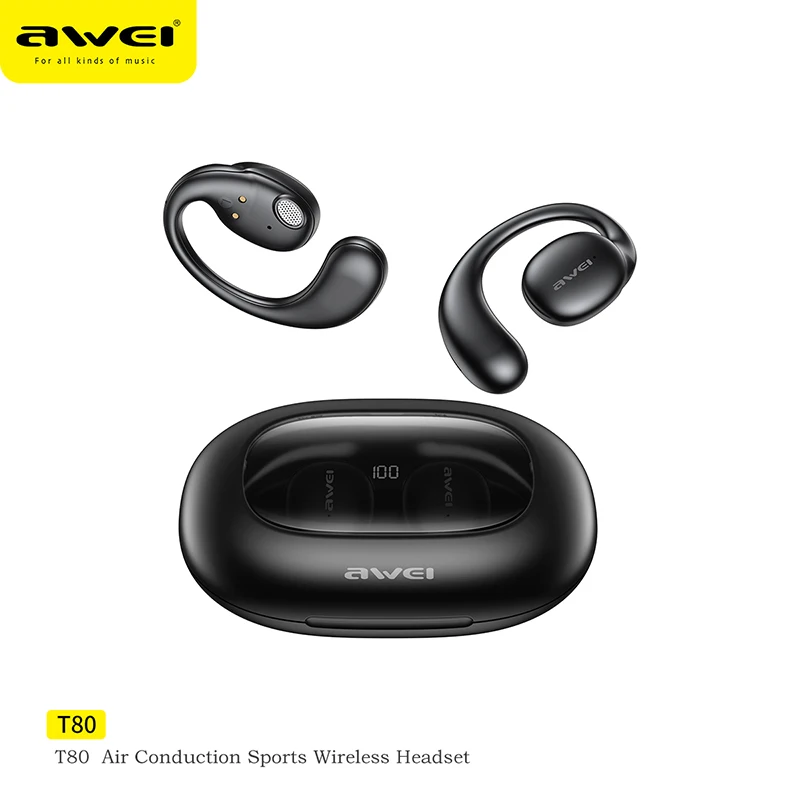 Awei T80 Bluetooth 5.3 Open Ear Headphones Air Conduction Earhook Wireless Sport Earphones with Mic Long Standby 450mah Headset