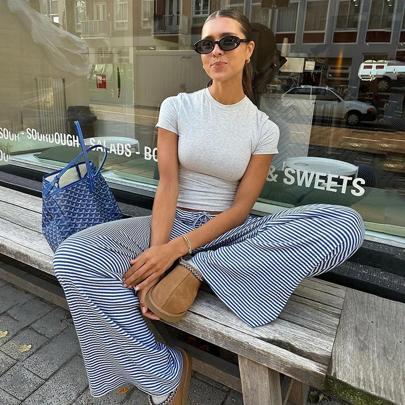 Casual gestreepte broek 2025, nieuwe hoog getailleerde losse broek met rechte pijpen en een hangende sensatie, vloerlengte broek voor dames